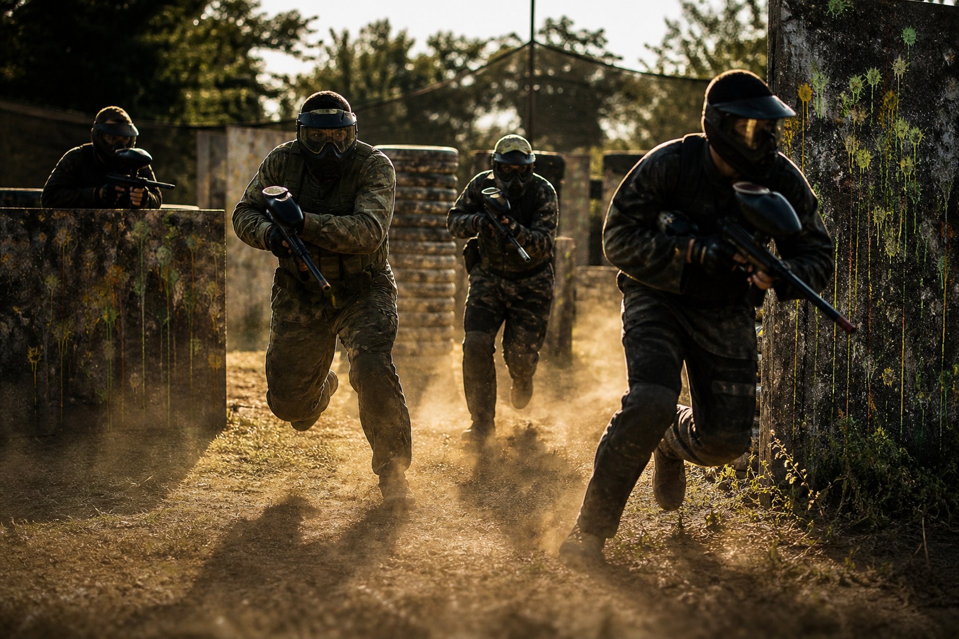 Jugadores de paintball y airsoft en el campo de SevillaPaintball